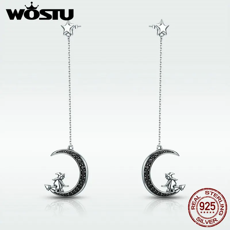 Женские серьги подвески WOSTU из стерлингового серебра 925 пробы с черной луной в