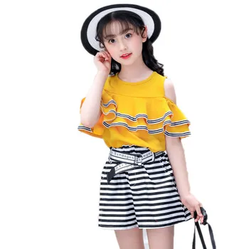 

girls summer clothes sets 2019 children clothing top Strapless short sleeve Double frills tshirt+striped shorts girls sport wear