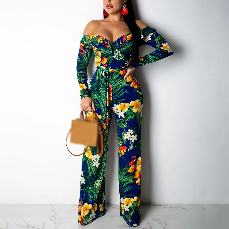 Womens Jumpsuits Ladies Party Summer Floral Print Beach Lace Up Overall Off Shoulder Casual