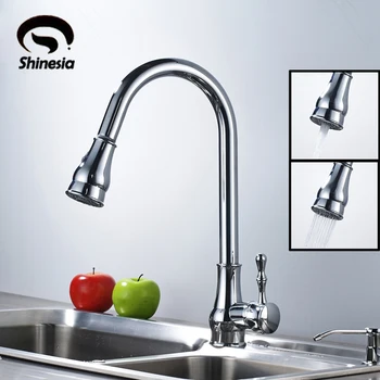 

Solid Brass Kitchen Sink Faucet Chrome Finished Countertop Swicel Spout Pull Out Mixer Tap