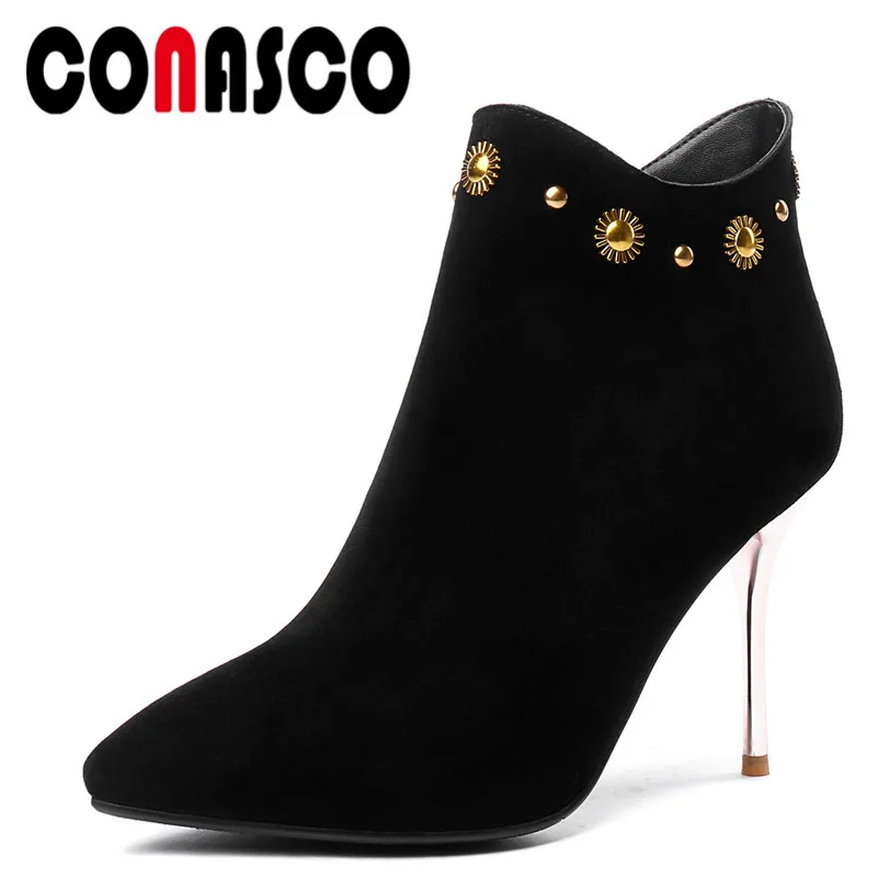 

CONASCO Top Quality Women High Heeled Ankle Boots Sexy Pointed Toe Zipper Rivets Wedding Party Shoes Woman Office Pumps New