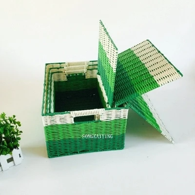 

Plastic woven storage basket with lid picnic basket storage snack basket three-piece