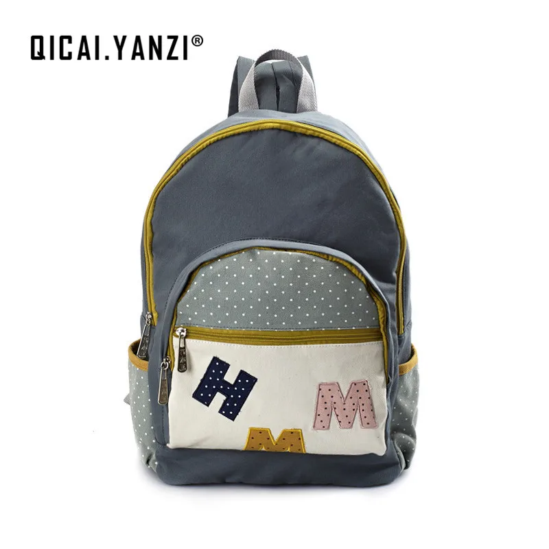 QICAI YANZI Canvas Letter Laptop Backpacks Teens Girls Boys Dot Schoolbags Casual Book Mochila Travel Unique