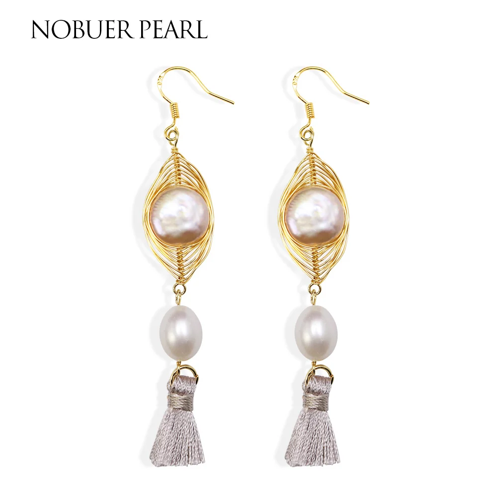 Nobuer S925 Silver Handmade Tassel Style Natural Freshwater Pearl Drop