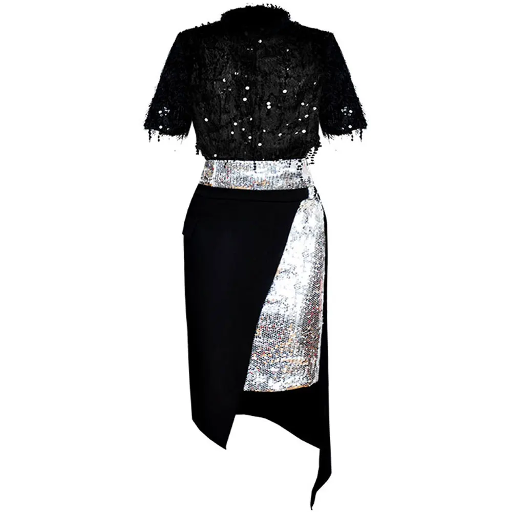 

Red RoosaRosee Office Lady OL Sets Short Sleeve Sequin Tassel Elastic Blouse + Irregular Mini Skirt Fashion 2 Piece Suit Summer