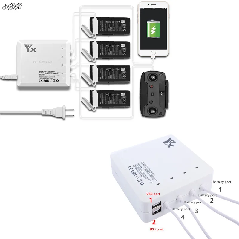 Мини 6 порт зарядное устройство для дрона 4 Батарея& зарядное устройство с 2 USB портами интеллигентая(ый) ключница Зарядка для DJI Mavic air Drone аксессуары 6in1