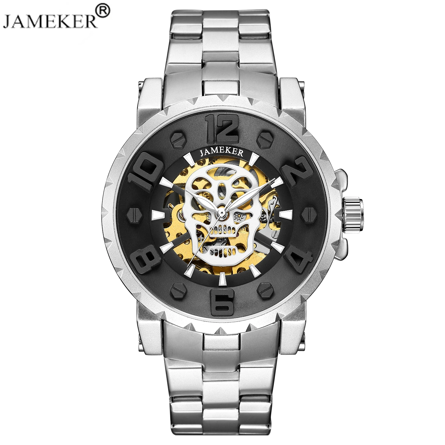

JAMEKER Skull Head Hollow Skeleton Automatic Mechanical Watch Men Luxury Top Brand Silver Stainless Steel Relogio Masculino