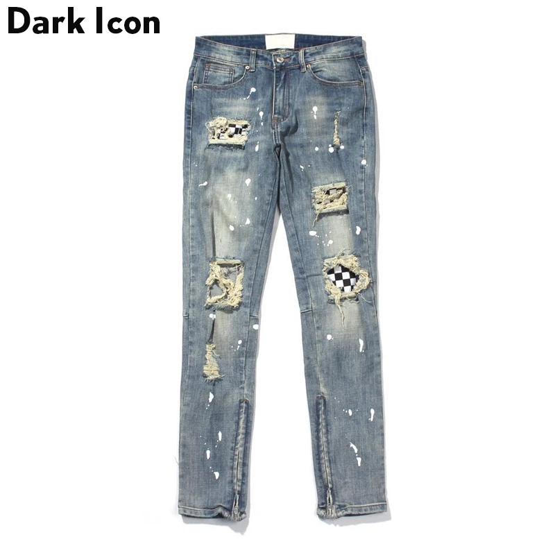 Icon Robek Plaid Patch Jeans Pria High 