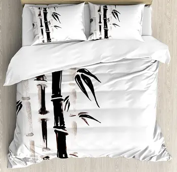 

Decor Duvet Cover Set, Bamboo Pattern in Traditional Chinese Watercolor Painting Style Asian Art Print, 4 Piece Bedding Set