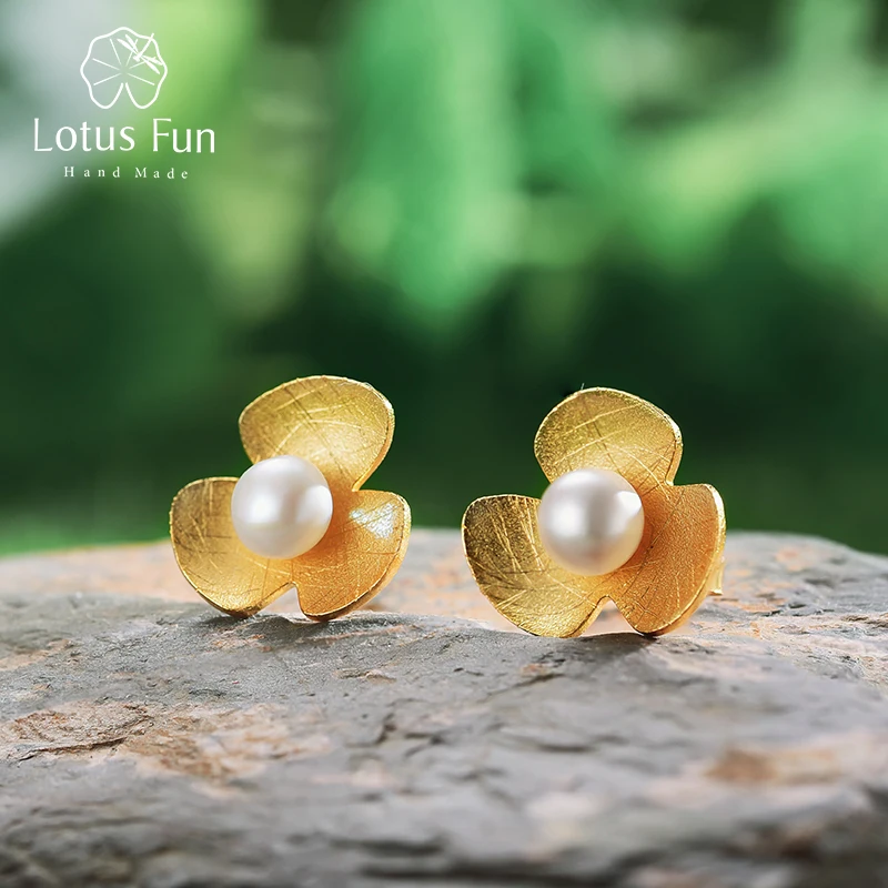 Lotus Fun, настоящее 925 пробы, серебряные серьги с натуральным жемчугом, хорошее ювелирное изделие, 18K золото, цветок клевера, серьги-гвоздики для женщин, Brincos