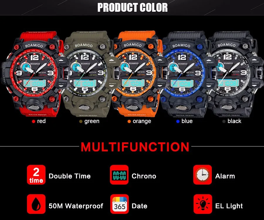 BOAMIGO Luxury Men's Watch LED  Analog Digital Plastic Military Watches Sport Quartz Wristwatches Dual Display Red Rubber Strap (4)