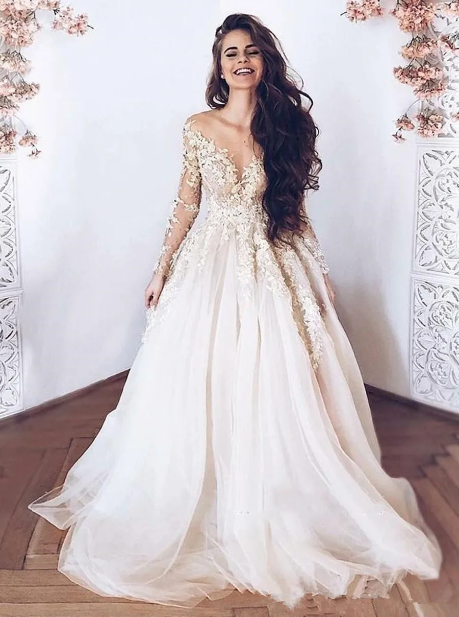 Vestido de noiva Свадебные платья принцессы с кружевной аппликацией свадебное платье с длинными рукавами размера плюс ТРАПЕЦИЕВИДНОЕ ПЛАТЬЕ