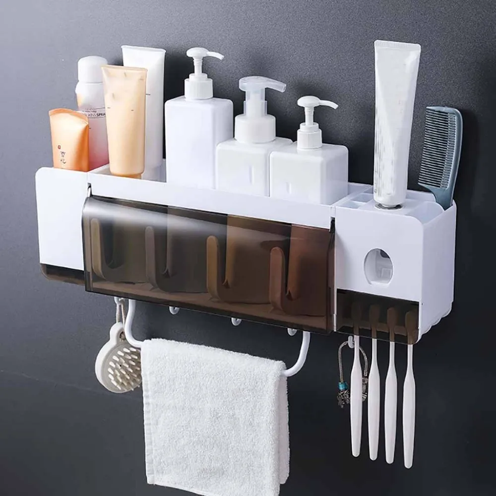 

Wall Mount Dust-proof Toothbrush Holder With Cups Automatic Toothpaste Squeezer Dispenser Multifunction Bathroom Accessories Set