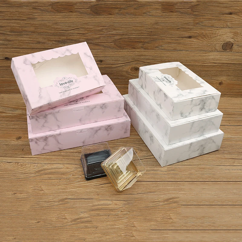 10pcs Candy Box With Window White&Pink Marbling Wedding Gift Box Mooncake Cookie Party Gift Cake Jewelry Packaging Box