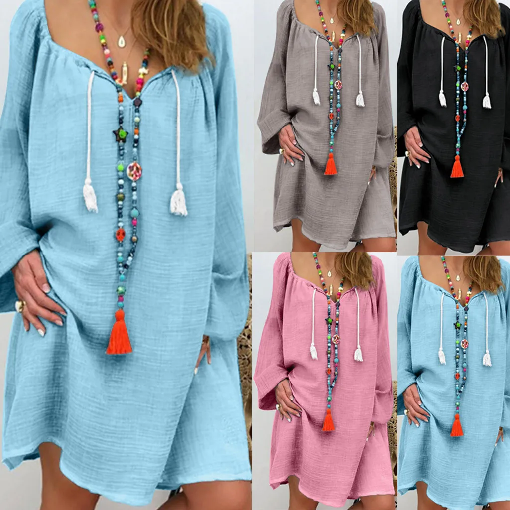 

Loose Solid Tassel Women Short Dress O-Neck Long Sleeve Holiday Beach Casual Female Summer Style Women Clothing Plus Size
