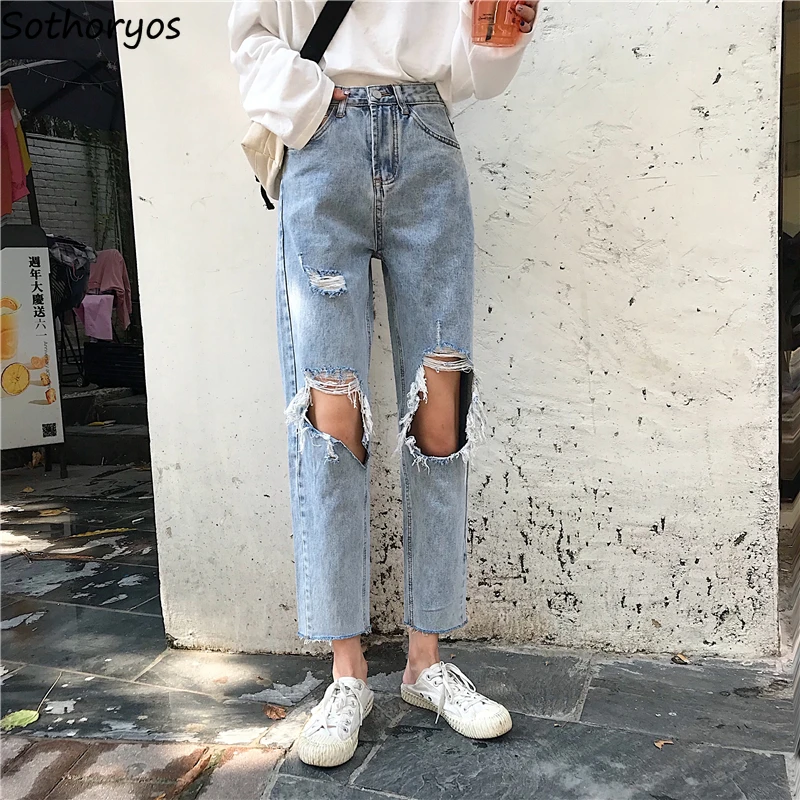 

Jeans Women Hollow Out Streetwear Ripped High Waist Boyfriend Loose Simple All-match Harajuku Pockets Leisure Trendy Womens Jean
