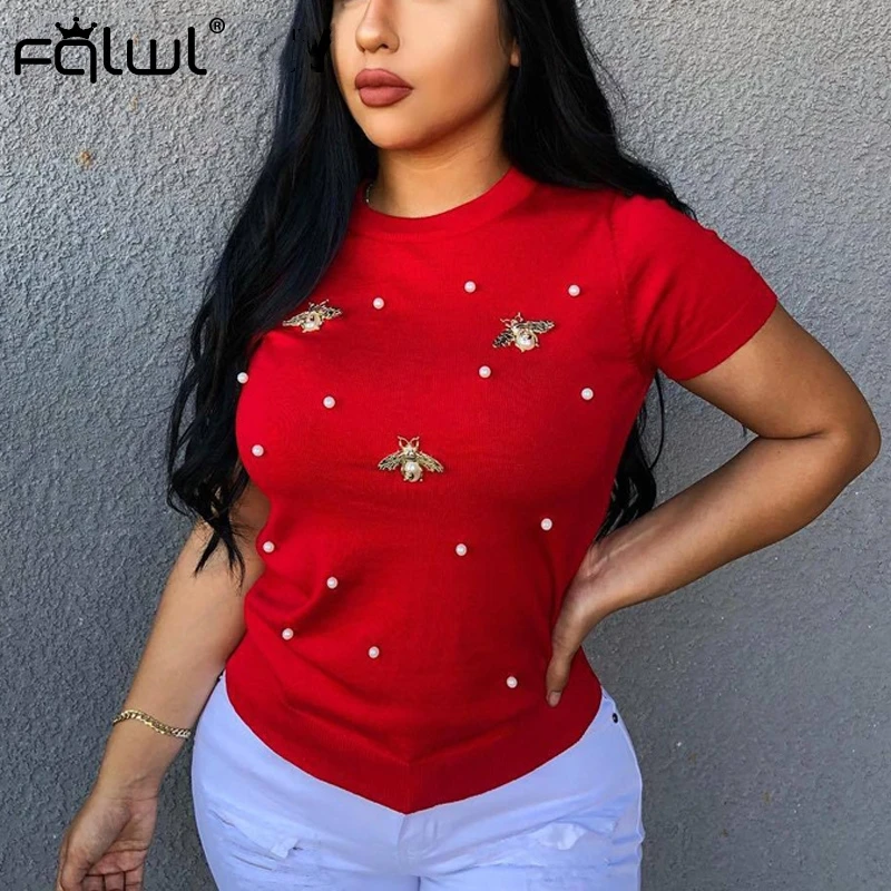 

FQLWL Plus Size Women Short Sleeve Pearl Beading Tshirt Ladies Tee Tops Summer Solid Weekend Casual Fit Round Neck Basic T Shirt