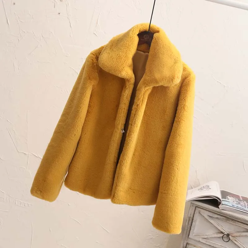 Зима горчичный желтый укороченный мех пальто для женщин роскошный бренд Gigi Hadid Искусственный Кролик Мех куртка уличная Harajuku теплые пальто - Цвет: yellow faux fur coat