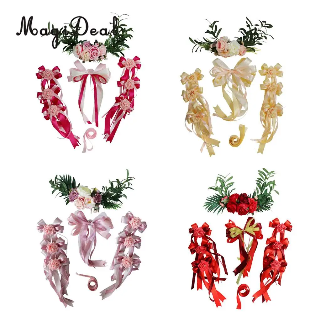 9pcs Wedding Car Decorations Kit  Artificial Silk Flower Ribbon and Bows Ties Set Limousine Car Roof Door Mirror Decor