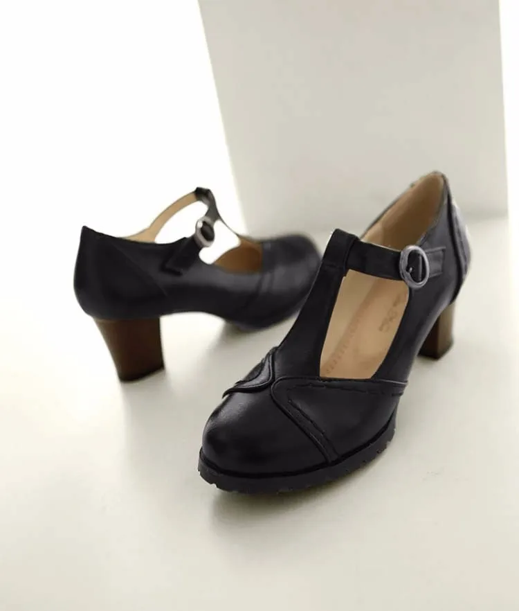 Женская обувь из искусственной кожи; женские офисные модельные туфли Mary Jane на квадратном каблуке; вечерние туфли в стиле ретро с круглым носком и Т-образным ремешком; Цвет черный, коричневый