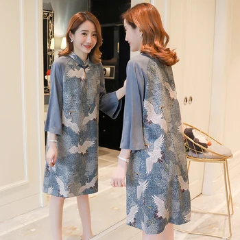 

7570 Chinese Vintage Style Printed Maternity Cheongsam Dress Elegant Clothes for Pregnant Women Spring Autumn Pregnancy Clothing