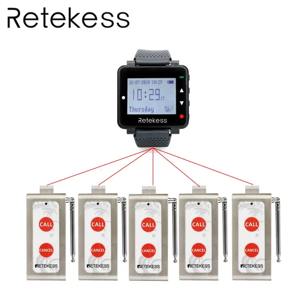 

RETEKESS wireless calling system with 1 watch receiver + 5 two call button Bell Pager waterproof for restaurant fast food shop