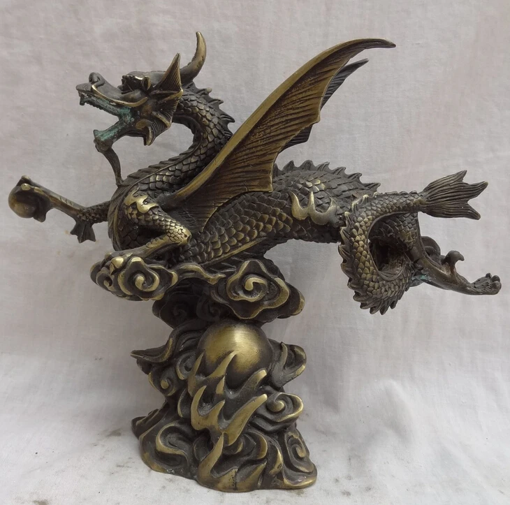 

wholesale factory 10" Chinese Bronze Sculpture Animals Zodiac Unicorn Myth Fly Dragon Ball Statue
