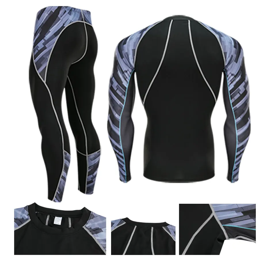 

Men's Sports Shirts Long sleeve Tops+Running Leggins 2 Piece Tracksuit Men Compression Tights Rash gard Male kit Sportswear 4XL