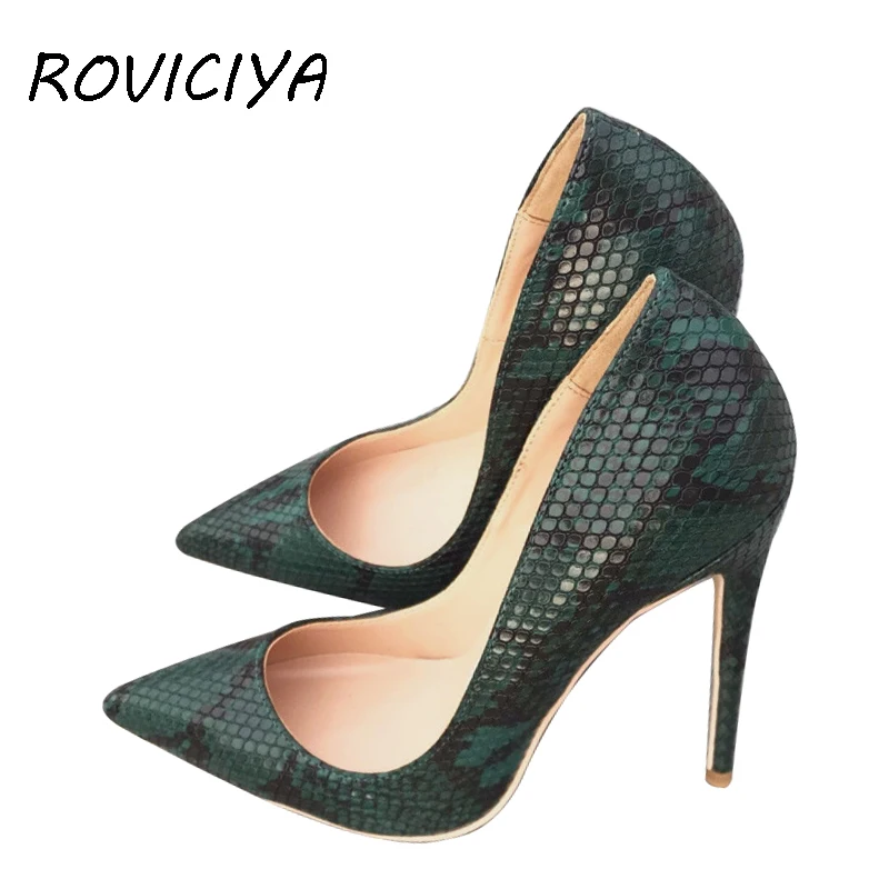 

Green High Heel Shoes Snake Print Women Shoes Pumps Party Wedding Shoes plus size 12 cm YG024 ROVICIYA