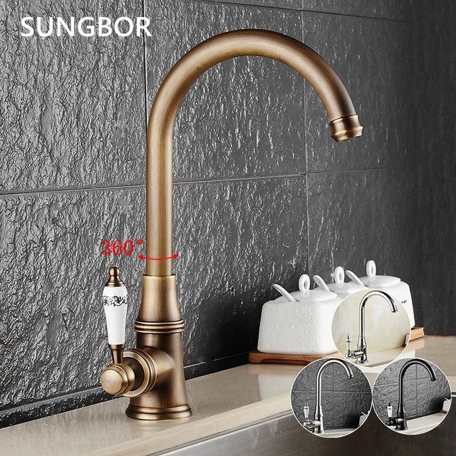 Special Offers Kitchen Faucet Antique Brushed Porcelain Handle Faucet Hot Cold Mixer Basin Tap Luxury Faucet 360 Swivel CF-9098F