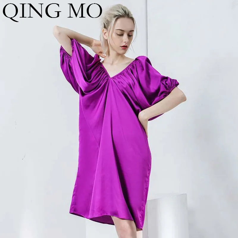 QING MO женское сексуальное платье с глубоким v-образным вырезом, женское однотонное платье фиолетового и синего цвета, платье с рукавами-фонариками и открытой спиной, Женский Повседневный Свободный Топ ZQY847