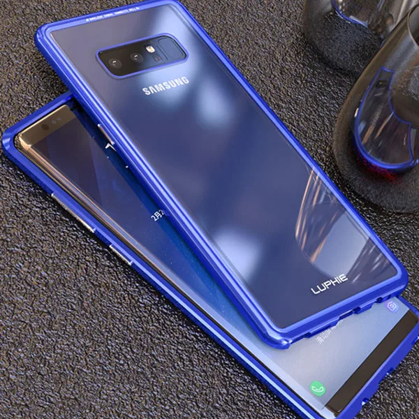 Магнитный чехол из алюминиевого сплава для samsung S8 S9 Plus, чехол из закаленного стекла для S7 S7 Edge Note 8 Note9, металлический флип-кейс, аксессуары - Цвет: LUPHIE Blue