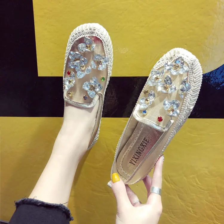 

TOSJC Woman New Style Casual Shoes light weight loafer lady bling flat shoes gold color breathable lace shoes