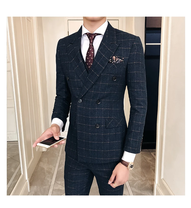 Английский стиль мужской Клетчатый комплект из 3 предметов business деловой повседневный мужской костюм куртки с брюками и жилетом