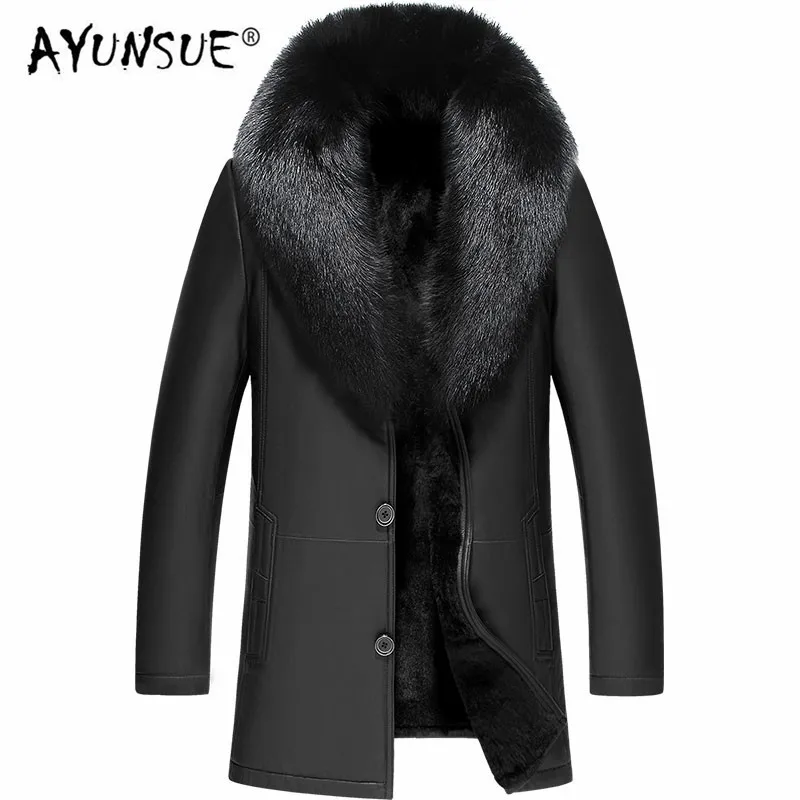 AYUNSUE/зимняя куртка из овечьей кожи, пальто из натурального меха кролика, мужская куртка с воротником из лисьего меха, Cuero Genuino, JF-161879, YY302