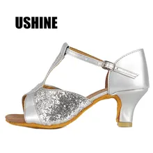 USHINE 259 каблук 7 см/5 см серебро Zapatos De Baile Latino Mujer Латинской Танго Сальса Обувь для танцев для Для женщин