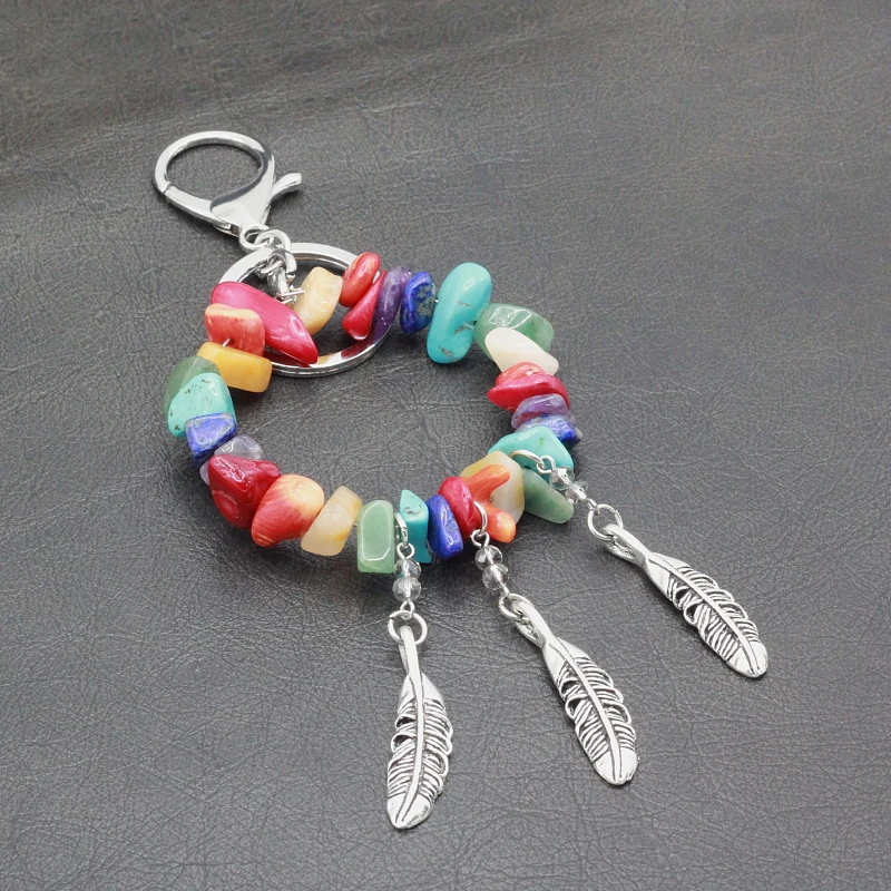 

Antique Silver Plated Alloy Feather Pendants Keychain Turquoises Tiger Eye Gravel String Charm Key Chains Statement Keyring Gift
