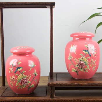 

American Style Home Decoration Vase Tank Pink Flower Bird Small Porcelain Tea Jar