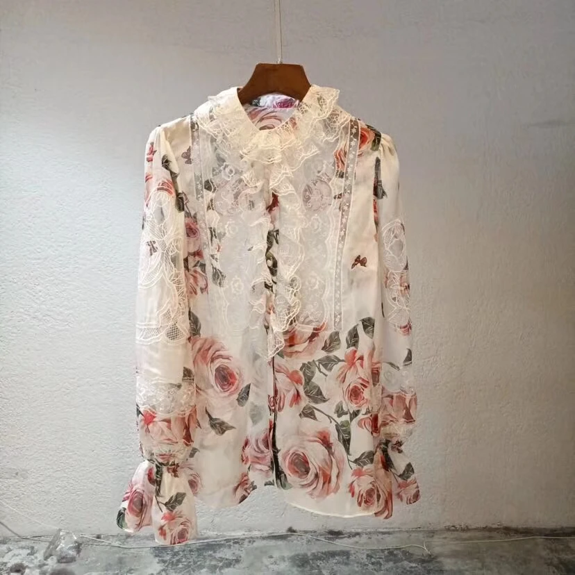 

Women's 2019 New Fashion Long-Sleeved Rose Print Silk Stitching Lace Blouse