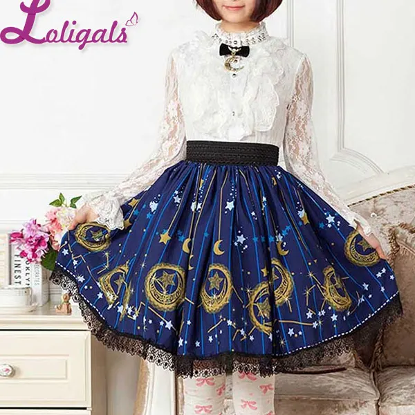 

Mori Girl Blue Skater Skirt Moon and Star Printed Lady's Pleated Short Lolita Elastic Waist Skirt