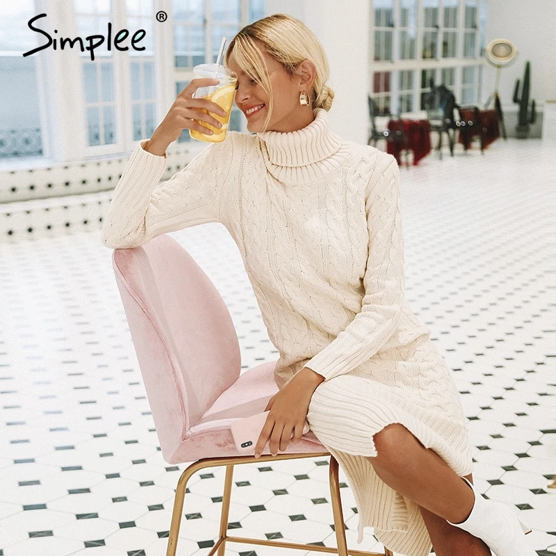 Simplee Elegant side split warm long sleeve women dress Turtleneck fit autumn winter sweater dress White dresses fashion 2018