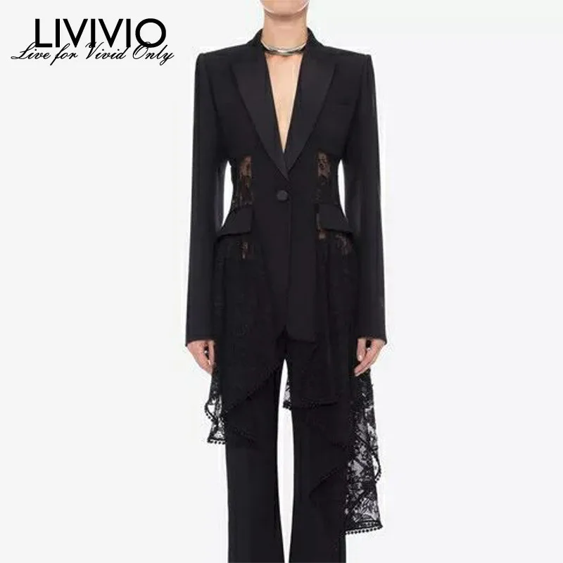 

[LIVIVIO] Lace Blazer Female Patchwork Hollow Out High Waist Asymmetrical Coats Large Size Womens Autumn Sexy Clothing