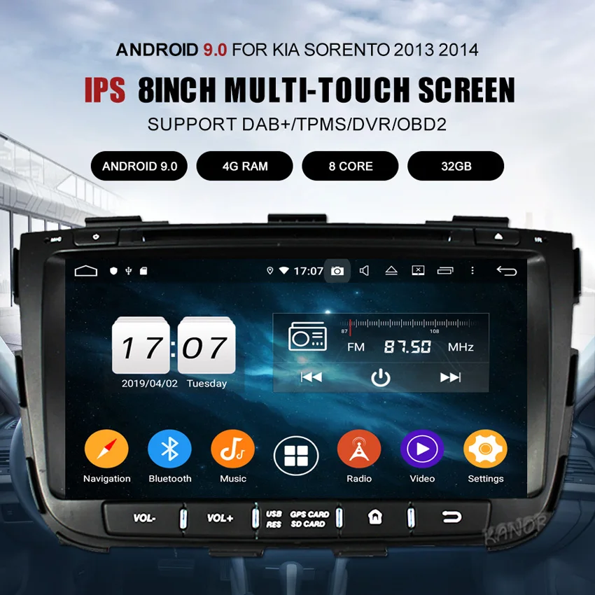 Discount KANOR Octa Core IPS Android 9.0 RAM 4g 32g ROM 2 din Car Radio For KIA Sorento 2013 GPS Radio WIFI Bluetooth Map USB Audio 2