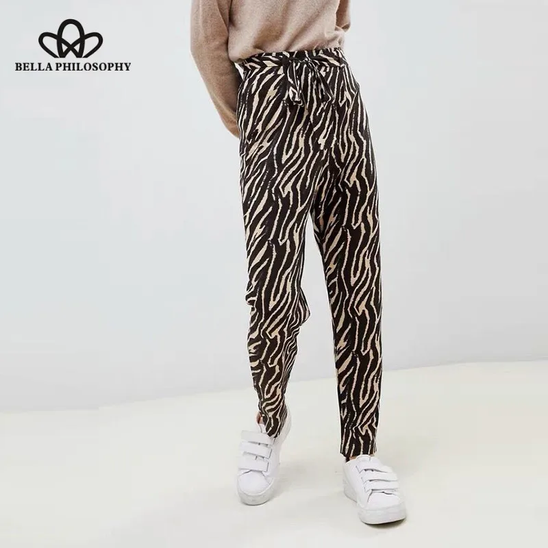 Wonder Spring Elastic Loose Long Pants Casual Zebra Animal Print Female Harem Pants Vintage Sashes High Waist Lady Pants 2019