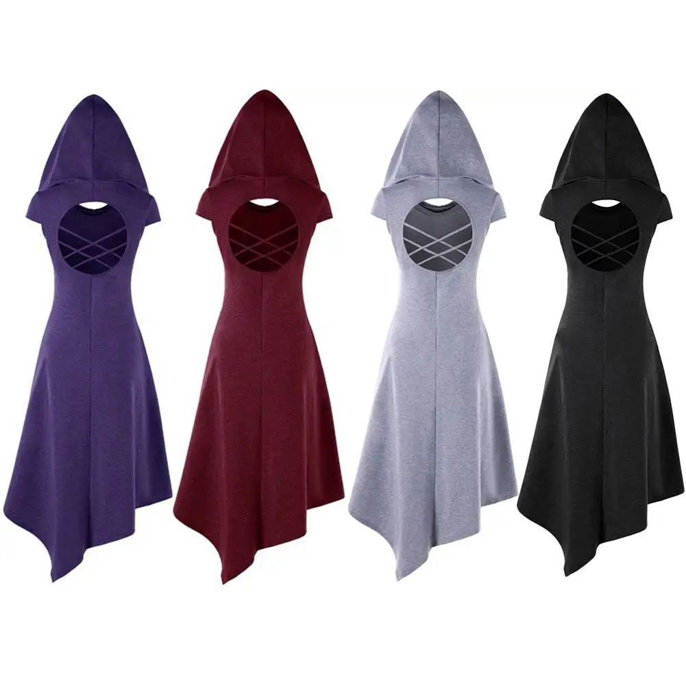 

Autumn Woman's England Style Backless Asymmetric Knee-Length Empire Soild Hooded Midi Dress Backless Leisure