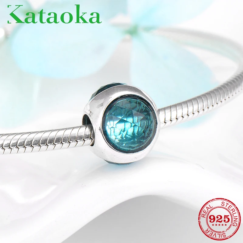 

925 Sterling Silver 3 side lake Blue big zircon Beads fashion 2018 Fit Original Pandora Charms Bracelet Jewelry Making