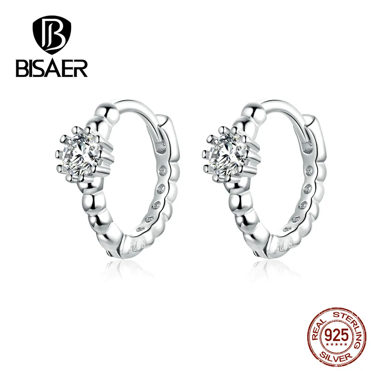 BISAER, серебряные серьги, 925 пробы, серебро, прозрачный кубический циркон, круглая форма, серьги-гвоздики для женщин, роскошные ювелирные изделия EFE194