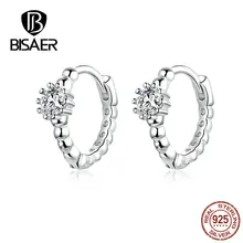 BISAER, серебряные серьги, 925 пробы, серебро, прозрачный кубический циркон, круглая форма, серьги-гвоздики для женщин, роскошные ювелирные изделия EFE194