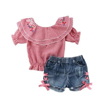 

Cute Kid Baby Girls Off Shoulder Embroidery Flower Plaid Tops Bandage Cross Denim Shorts Outfit Set