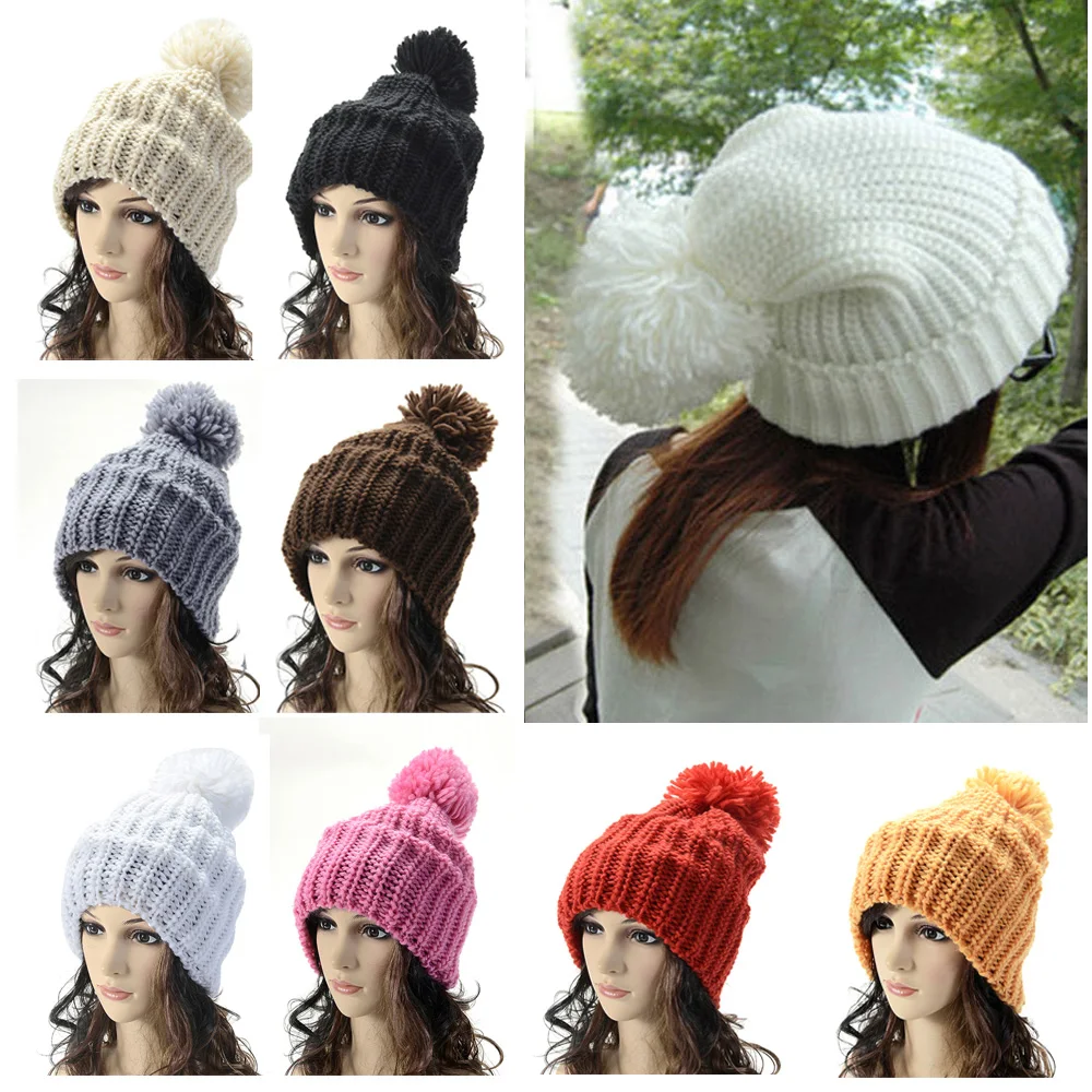 Women Lady Striped Knitted Crochet Winter Warm Ski Beanie Button Hat Slouch Cap HATBD0027
